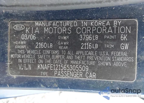 2006 Kia Spectra Ex/Lx/Sx z USA, uszkodzony, nr VIN KNAFE121565305509